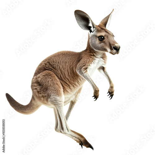 A lively kangaroo in mid-jump, showcasing its powerful legs and unique features against a clear background. Perfect for wildlife themes.,transparent background photo