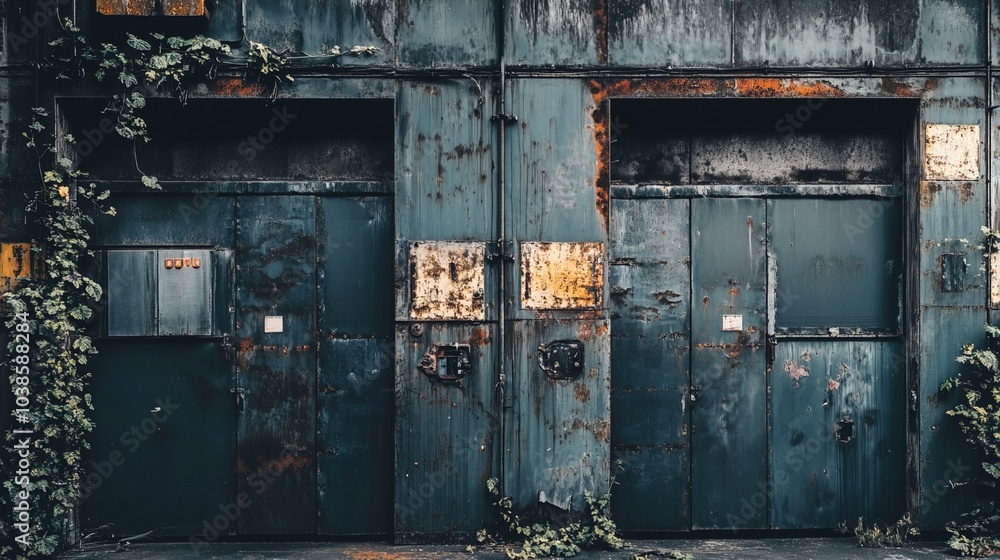 Closed factory gates with rusting metal and faded paint, symbolizing the decline of industry and the passage of time, reflecting a poignant reminder of economic shifts and the human impact of change Closed factory gates with rusting metal and faded paint, symbolizing the decline of industry and the passage of time, reflecting a poignant reminder of economic shifts and the human impact of change