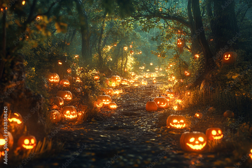 a forest filled with pumpkins at night a forest filled with pumpkins at night