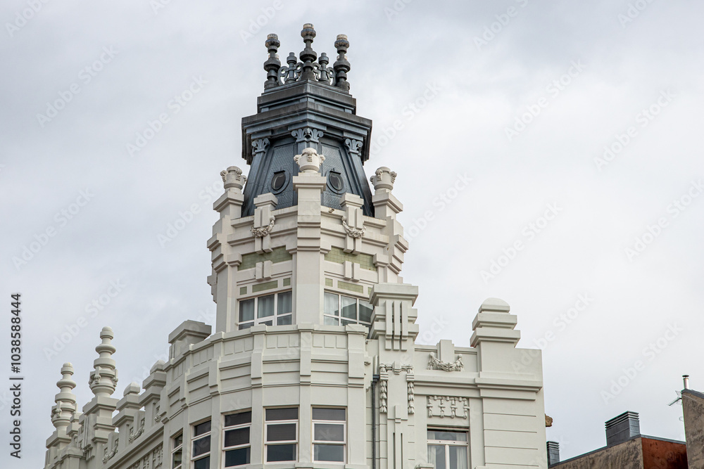 Obraz premium A Coruna, Spain. The Galerias de la Marina, homes with closed balconies with white painted wooden carpentry and a large glass surface
