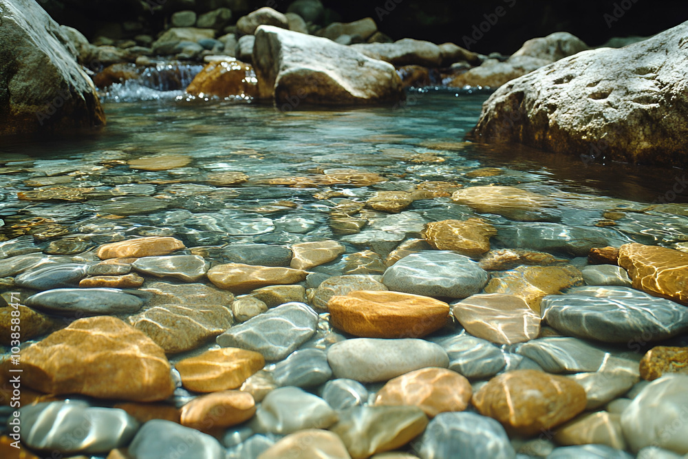 Fototapeta premium A tranquil stream featuring smooth, colorful stones beneath crystal-clear water, surrounded by natural rocks, creating a serene environment.
