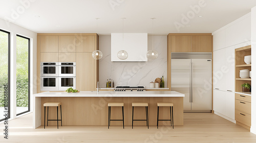 Wallpaper Mural photorealistic, professional photography, modern honey oak cabinets in a transitional kitchen, Torontodigital.ca