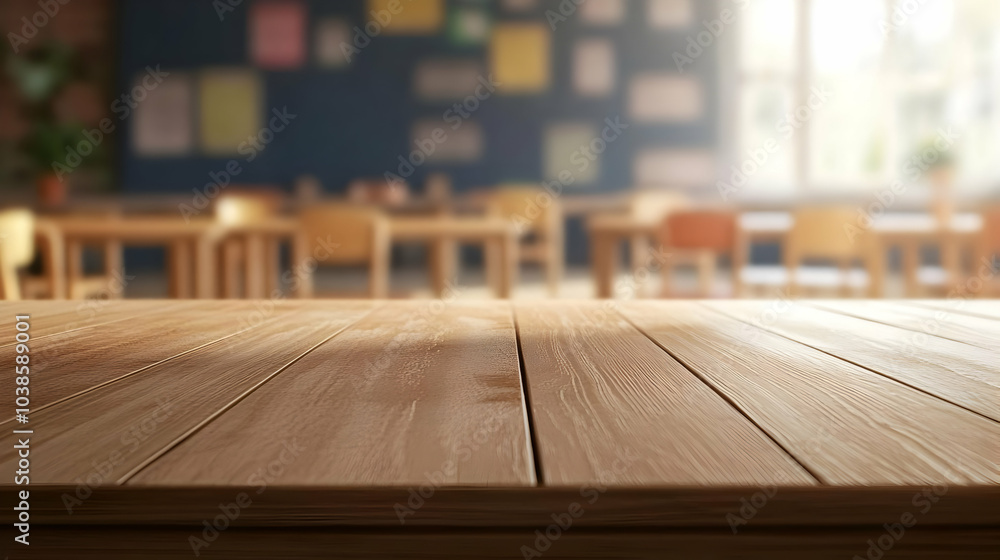 Wooden Table Top in Blurred Classroom Setting Wooden Table Top in Blurred Classroom Setting