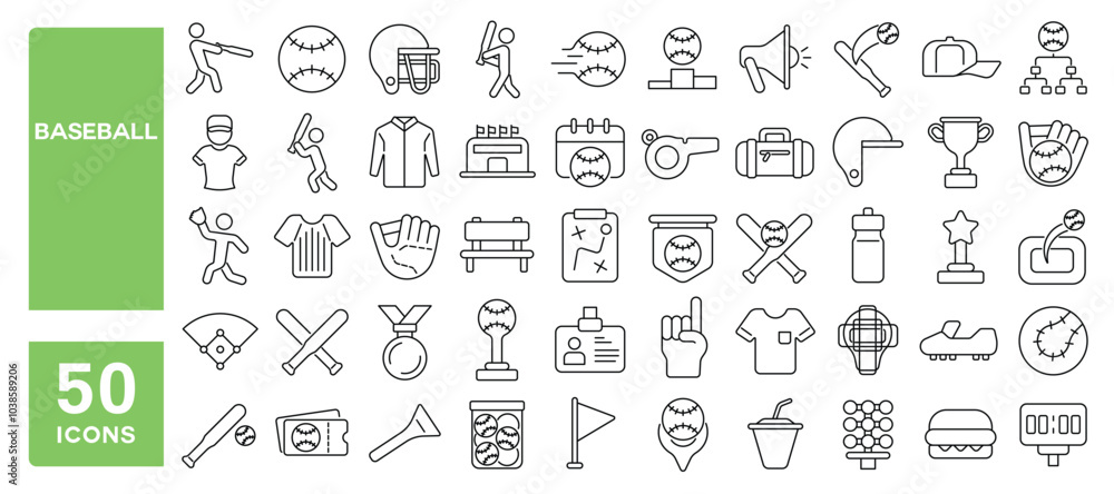Set of 50 line icons related to baseball, bat, glove, helmet, ball, mask, catcher, batter, pitch, player, Editable stroke. Vector illustration Set of 50 line icons related to baseball, bat, glove, helmet, ball, mask, catcher, batter, pitch, player, Editable stroke. Vector illustration