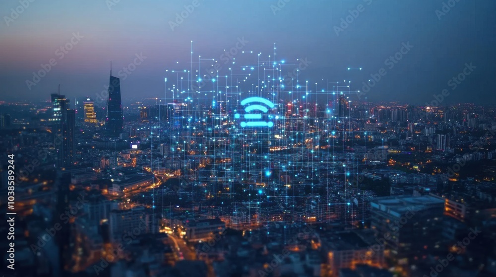 Fototapeta premium Mobile networks: Visual representation of a 5G signal map covering a city