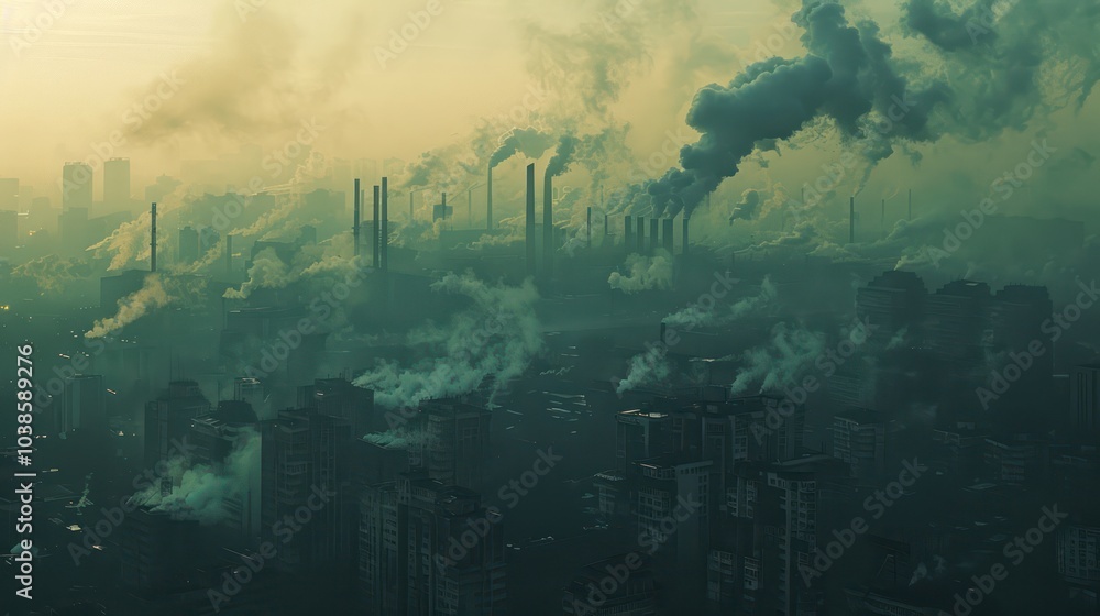 Fototapeta premium A cityscape covered in thick pollution, showcasing the impact of climate change on air quality in urban areas