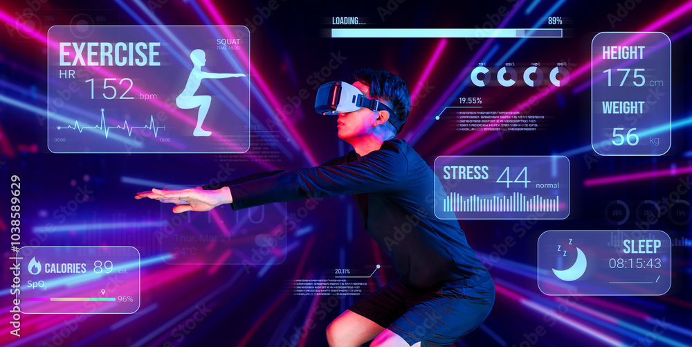 Man wearing VR headset and bodysuit while squatting. Male model playing exercising while looking and checking at data from hologram by using artificial intelligence. Technology innovation. Ingenuity. Man wearing VR headset and bodysuit while squatting. Male model playing exercising while looking and checking at data from hologram by using artificial intelligence. Technology innovation. Ingenuity.