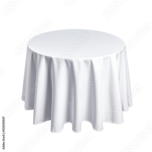 Round white table with smooth tablecloth draped over edges on transparent background