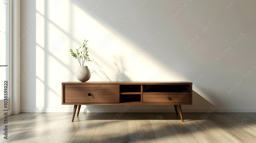 Empty Wooden TV Stand in Minimalist Interior Setting Empty Wooden TV Stand in Minimalist Interior Setting