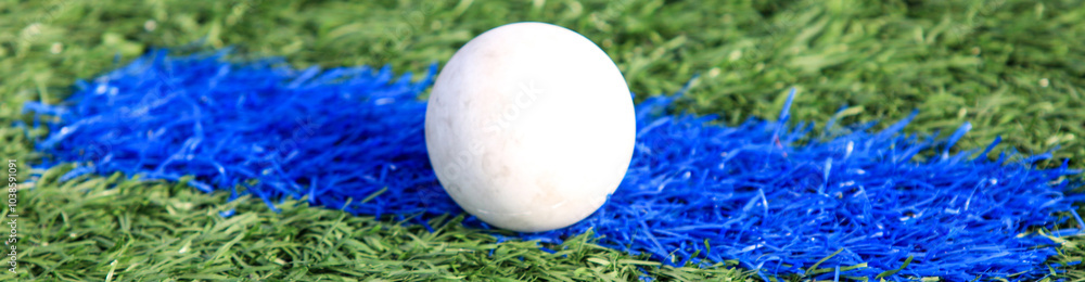 Φωτογραφία A Close-Up of a White Ball Resting on Blue Turf During a Field Hockey Match in P