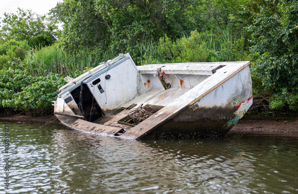 Abandoned Boat Tilting in Shallow Waters Surrounded by Lush Greenery on a Calm Day Abandoned Boat Tilting in Shallow Waters Surrounded by Lush Greenery on a Calm Day