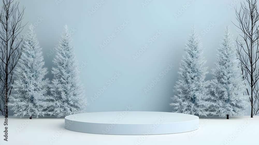 Fototapeta premium Minimalist 3D Rendered Winter Podium with Frosted Glass Background