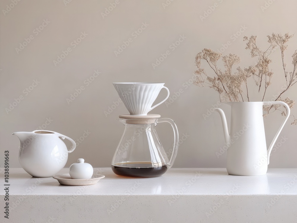 A minimalist pour-over setup with a glass carafe, a white ceramic dripper, and a gooseneck kettle, arranged on a clean, light-colored countertop, perfect for a simple and refined brewing process