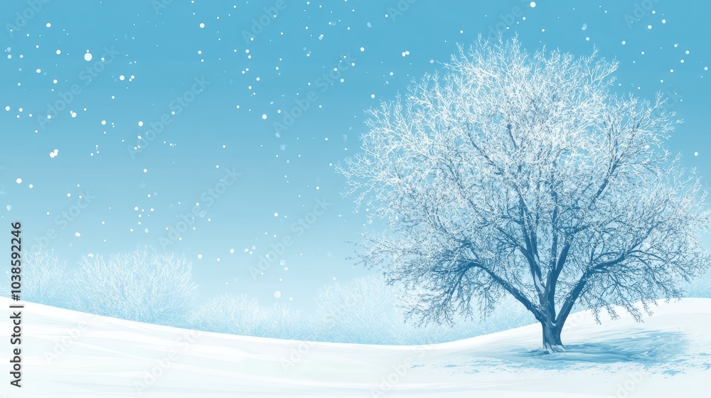 Shows a snowy landscape with a large tree covered in snow, set against a clear blue sky with falling snowflakes Shows a snowy landscape with a large tree covered in snow, set against a clear blue sky with falling snowflakes