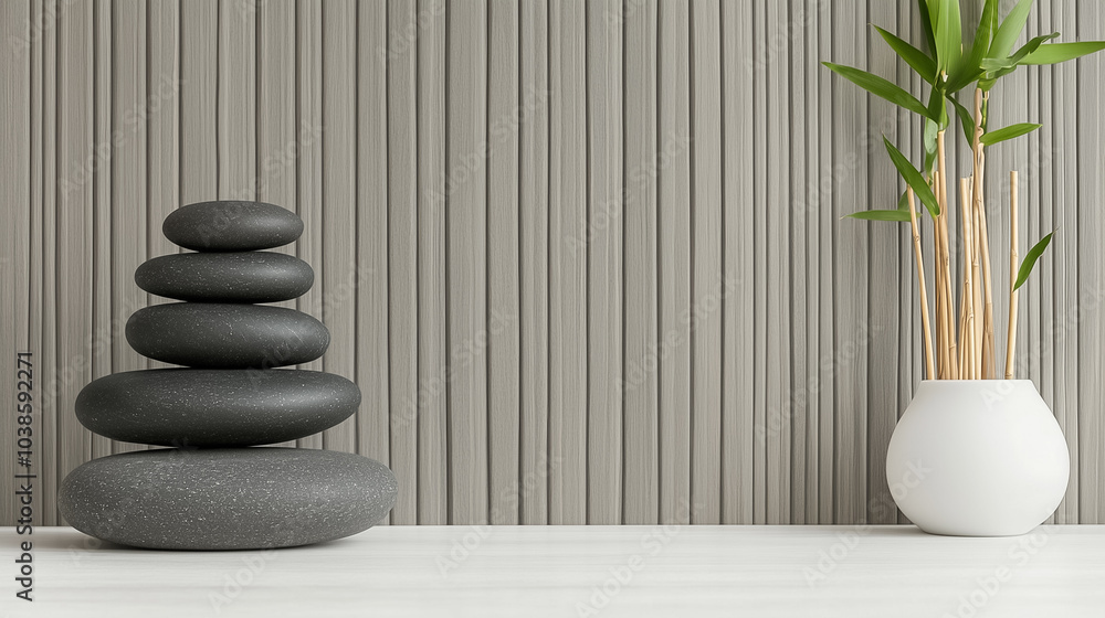 Basalt stones are stacked neatly with a bamboo plant displayed, creating a serene and calming atmosphere Basalt stones are stacked neatly with a bamboo plant displayed, creating a serene and calming atmosphere