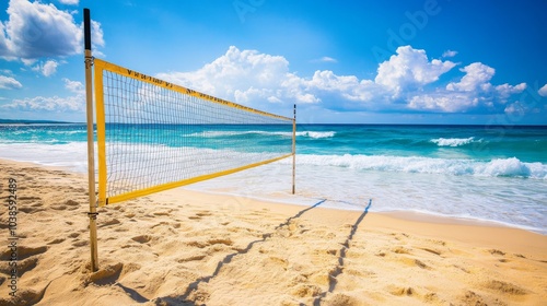 A spirited game of beach volleyball on sandy shores, Volleyball net set up against a backdrop of rolling waves, Coastal sport style