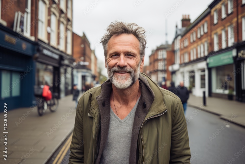 Portrait of a handsome middle-aged man with gray hair and beard in the city Portrait of a handsome middle-aged man with gray hair and beard in the city