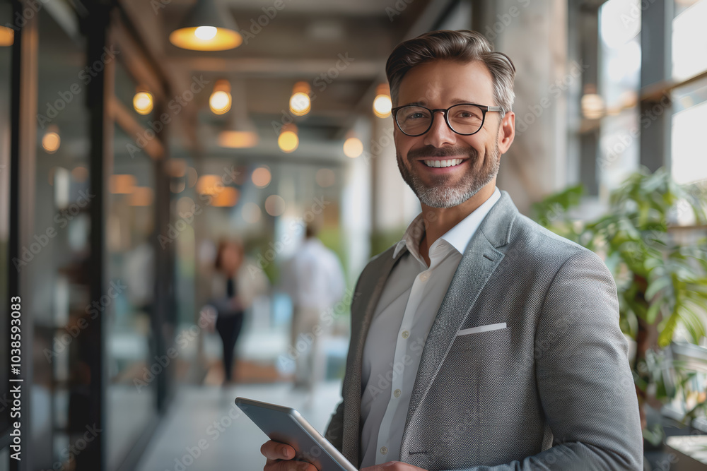 Happy businessman smiling with tablet, phone, and laptop inside the modern office. Happy businessman smiling with tablet, phone, and laptop inside the modern office.