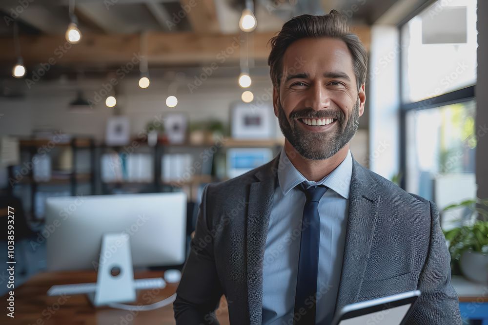 Fototapeta premium Happy businessman smiling with tablet, phone, and laptop inside the modern office.