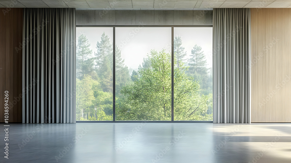 Modern Interior with Large Window and Slatted Curtains Modern Interior with Large Window and Slatted Curtains