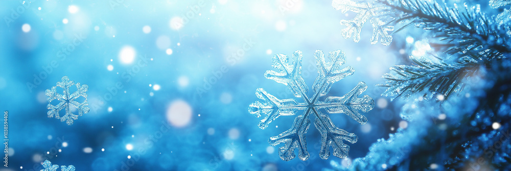 A close up view of snowflakes on a blue background. AI generation A close up view of snowflakes on a blue background. AI generation