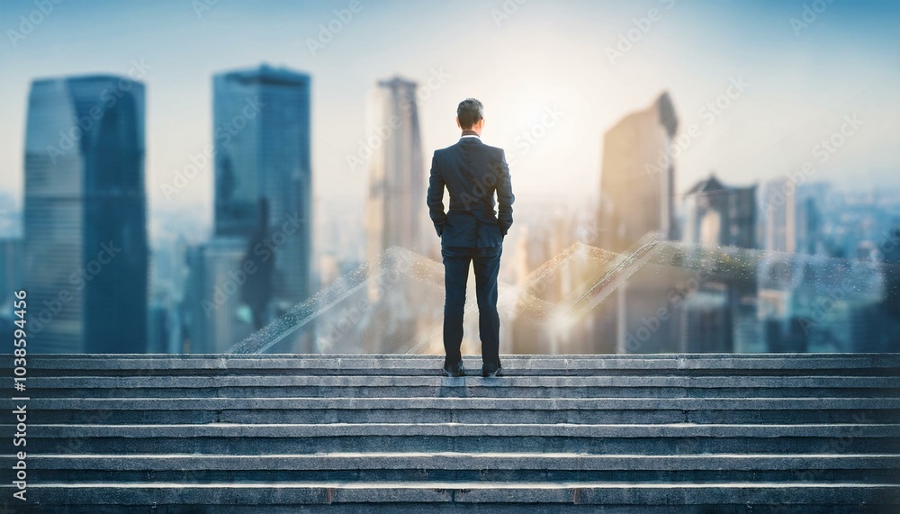 Back view of businessman standing on stairs on blurry city background. Success and growth concept. Back view of businessman standing on stairs on blurry city background. Success and growth concept.