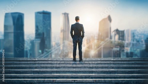 Back view of businessman standing on stairs on blurry city background. Success and growth concept.