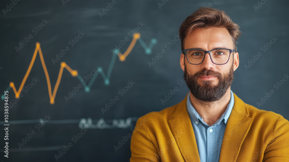 Businessman analyzing trends and goals, standing before a chalkboard filled with graphs and data, showcasing strategic insights and planning. Businessman analyzing trends and goals, standing before a chalkboard filled with graphs and data, showcasing strategic insights and planning.