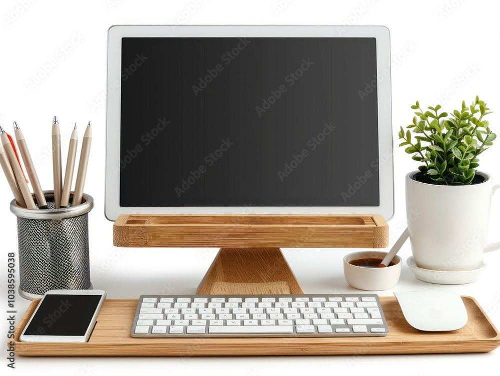 Fototapeta premium A clean office desk setup with a tablet, pen holder, and wireless keyboard isolated on white