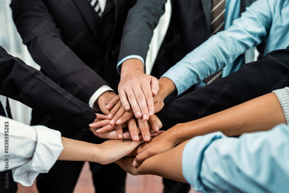 Multiracial business people make synergy hand stack together in meeting room as cooperation or team building for corporate employee in workplace. Meticulous Multiracial business people make synergy hand stack together in meeting room as cooperation or team building for corporate employee in workplace. Meticulous