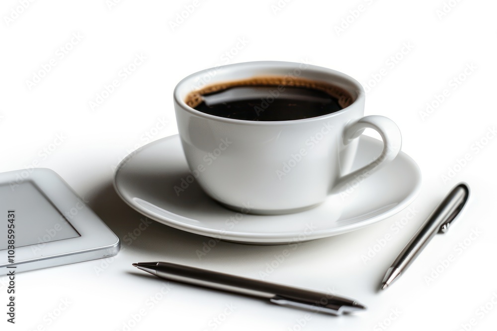 A clean office desk with a tablet, a pen, and a coffee cup isolated on a white background A clean office desk with a tablet, a pen, and a coffee cup isolated on a white background