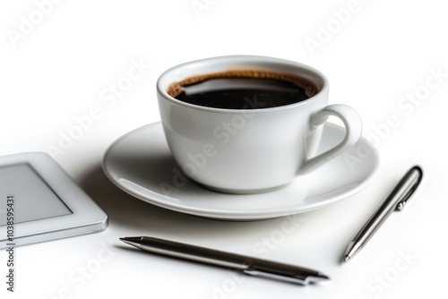 A clean office desk with a tablet, a pen, and a coffee cup isolated on a white background