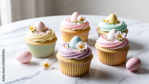 Delicious Easter-themed cupcakes adorned with pastel frosting and decorative eggs