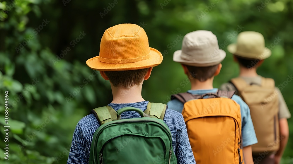 Three Kids Enjoying a Nature Hike, Enthusiastically Exploring the Beauty of the Outdoors Together. Happy Sunday Life Concept Three Kids Enjoying a Nature Hike, Enthusiastically Exploring the Beauty of the Outdoors Together. Happy Sunday Life Concept