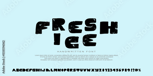 Grunge alphabet Font with capital letters. Dirty textured vector font. Typographic distressed font with dry brush strokes. Hand drawn characters with a rough inked texture. Uppercase and Number.