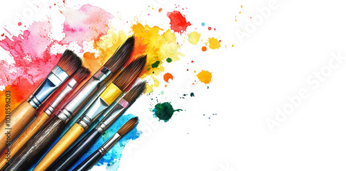 Watercolor painting of various colorful art brushes on a white background with copy space, top view.