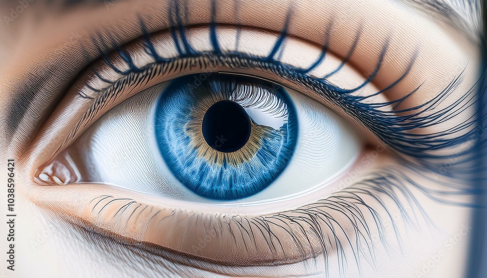 Fototapeta premium Close-up photo of a human eye with blue iris on a light background, reflecting a concept of beauty and detail. Generative AI