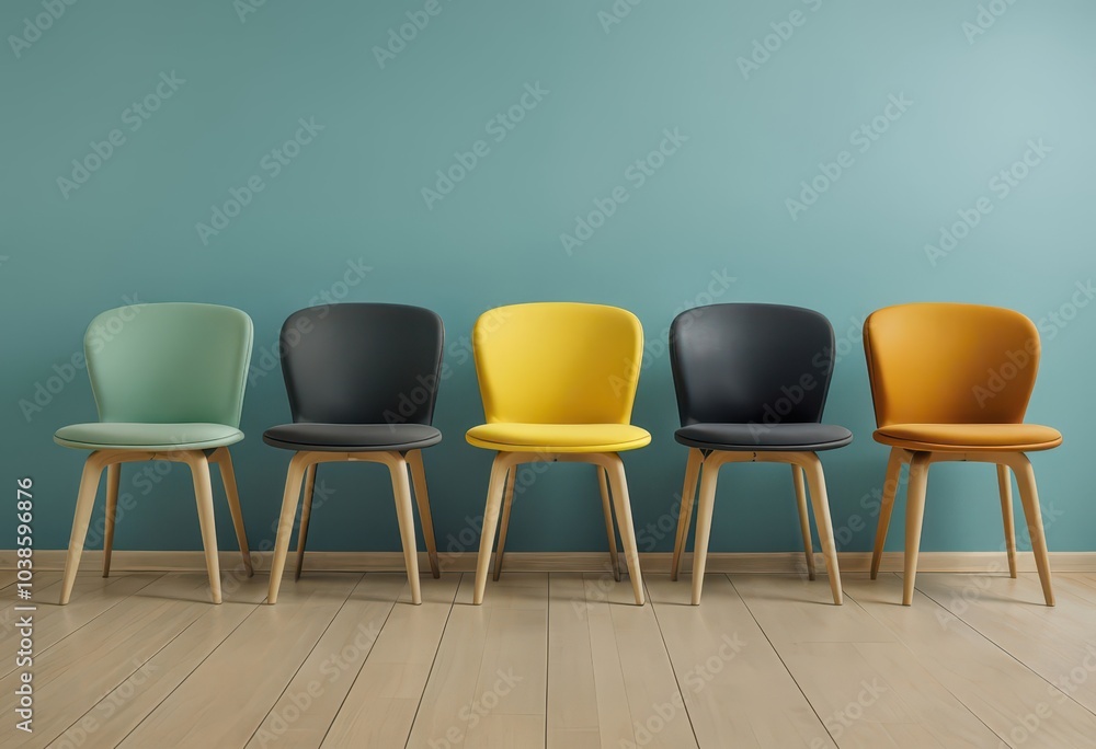 chairs in a row,A row of chairs with one standing out represents a job interview and recruitment concept, highlighting a job opportunity chairs in a row,A row of chairs with one standing out represents a job interview and recruitment concept, highlighting a job opportunity
