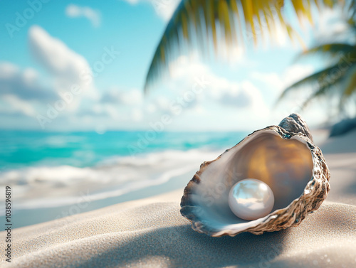 A beautiful white pearl nestled in an oyster on the beach, with palm trees and a blurred blue ocean in the background.