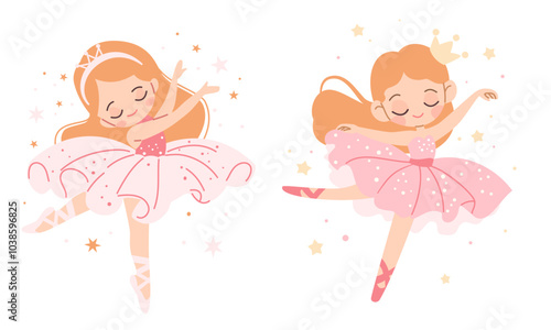 Flat vector illustration in children's style. Two cute ballerinas in pink dresses dancing, around the stars. Vector illustration