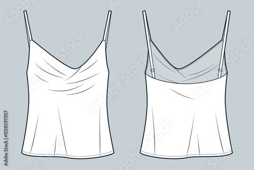 Halter Top technical fashion illustration. Strap Top fashion flat technical drawing template, bias cut, front and back view, white, women CAD mockup.