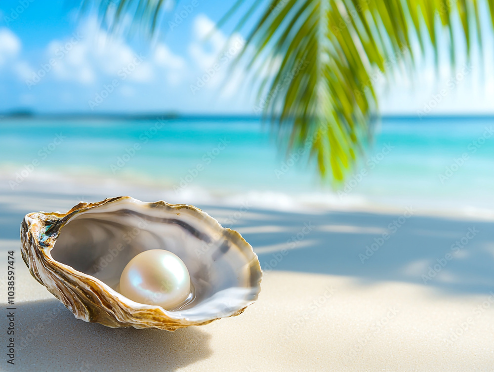 A beautiful white pearl nestled in an oyster on the beach, with palm trees and a blurred blue ocean in the background. A beautiful white pearl nestled in an oyster on the beach, with palm trees and a blurred blue ocean in the background.