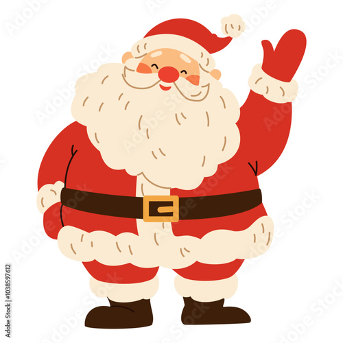 Flat vector illustration in children's style. Cute Santa Claus waving his hand. Holiday illustration on white background . Vector illustration