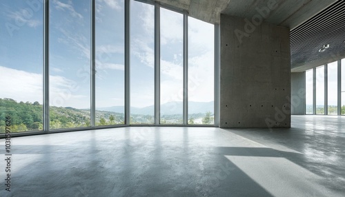 Empty contemporary spacious concrete interior with panoramic window. 3D Rendering.