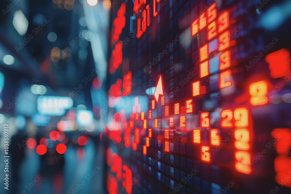 The stock market shows an index graph with downward-pointing arrow signs indicating a slight decline The stock market shows an index graph with downward-pointing arrow signs indicating a slight decline