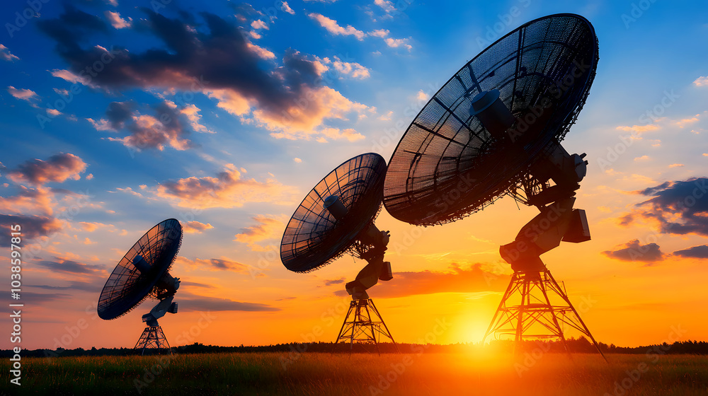 Satellite Dishes in Remote Sunset Landscape Satellite Dishes in Remote Sunset Landscape