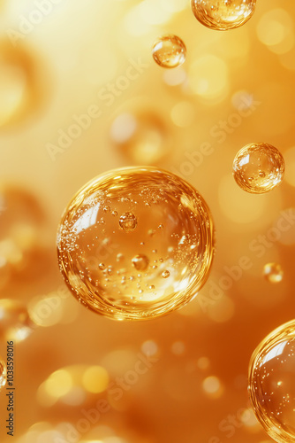 Close up of shiny golden face serum molecules skincare and beauty product concept background. photo