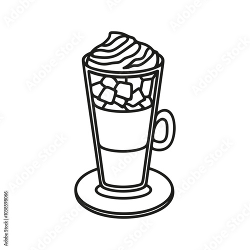 Coffee cup frappe. Chocolate syrop, whipped cream, espresso, ice, steamed milk. Hand drawn doodle.