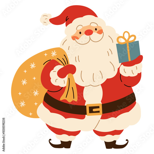 Flat vector illustration in children's style. Cute Santa Claus holding a sack with gifts. Holiday illustration on white background . Vector illustration