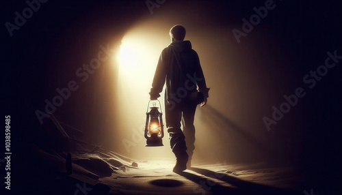 Man walking from darkness to light with old lantern in hand